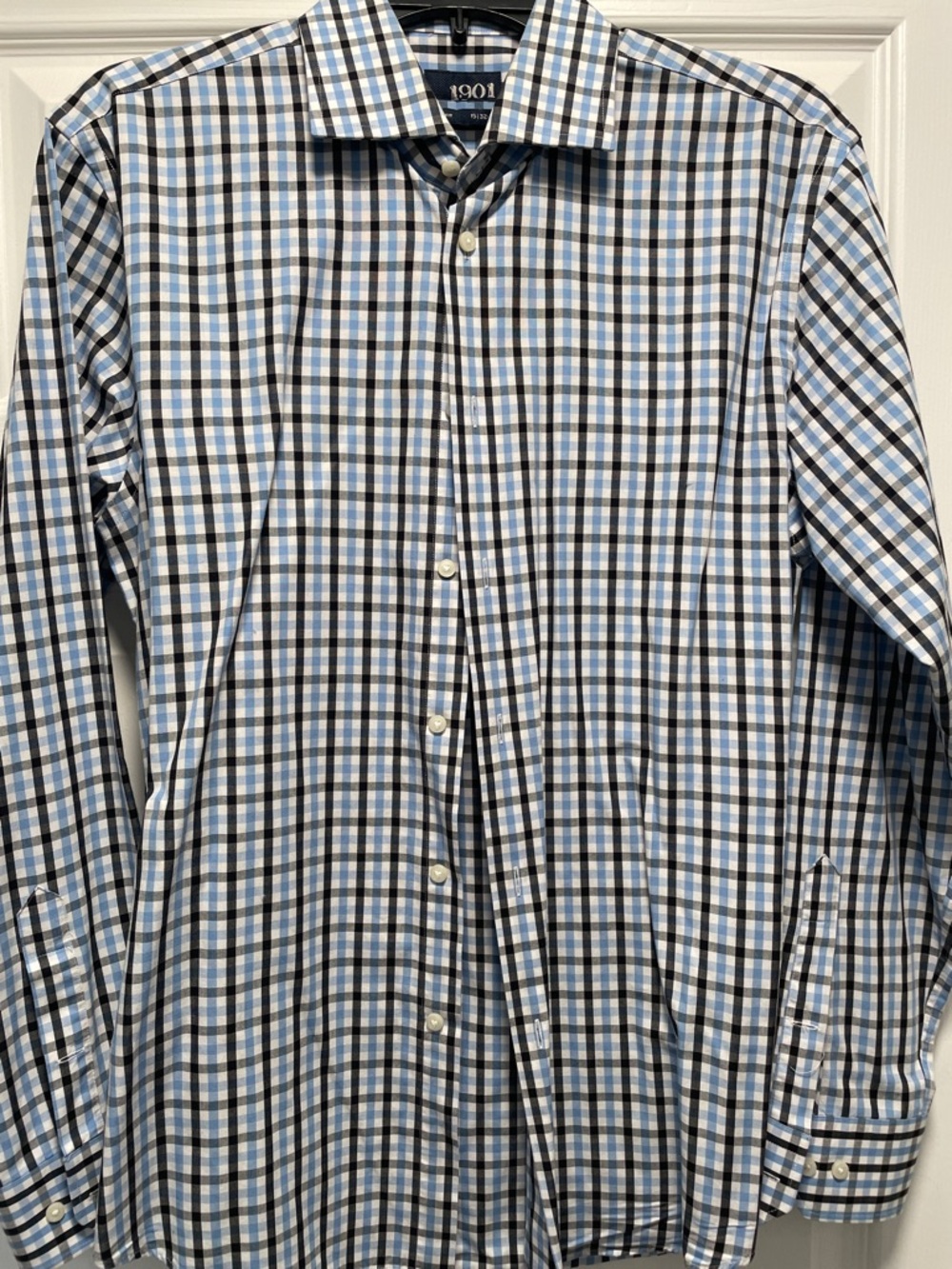 1901 Menโs Light Blue, Black and White Plaid Dress Shirt